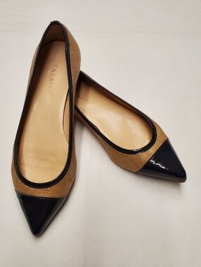 Talbots Raffia Cap Toe Flats 8B Tan Black Pointed Toe Ballet Shoes Classic Chic